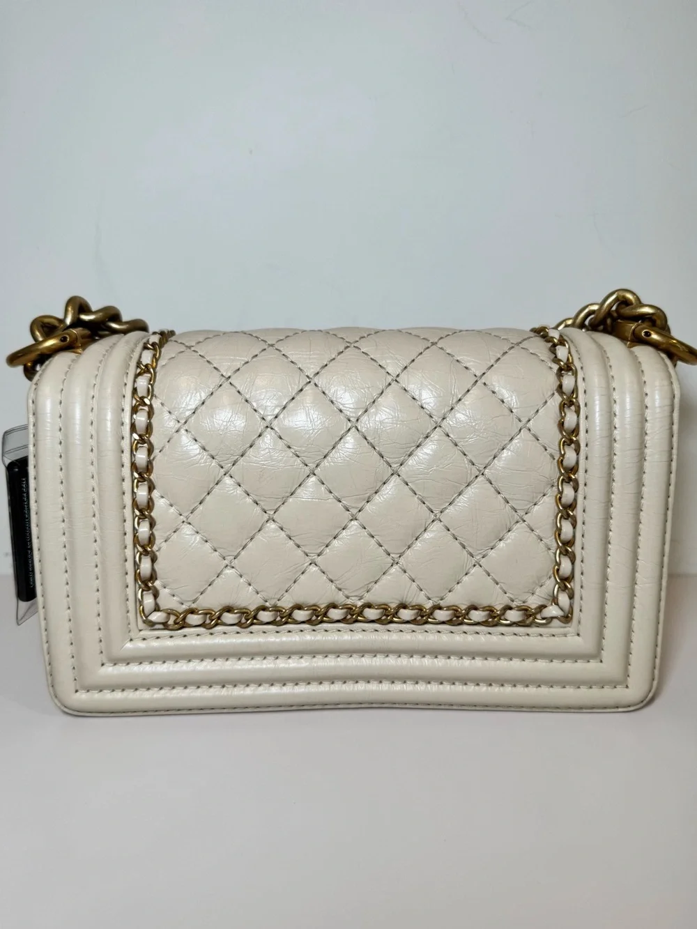Chanel Small Chain Around Boy Bag W Cream Quilted Aged Calfskin & Gold Hardware